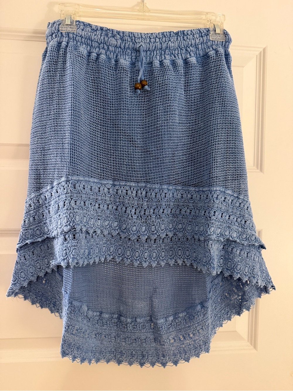 Sea Spice Resort Wear Light Blue Crochet-Trim High-Low Knit Skirt